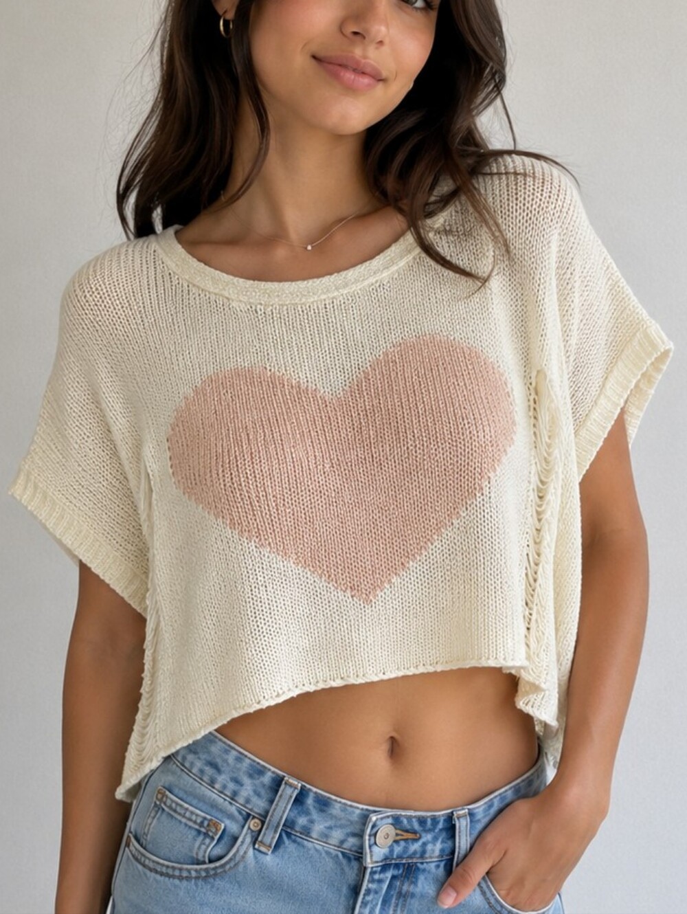 Millau Oversized Knit Sweater with Red Heart and Distressed Details